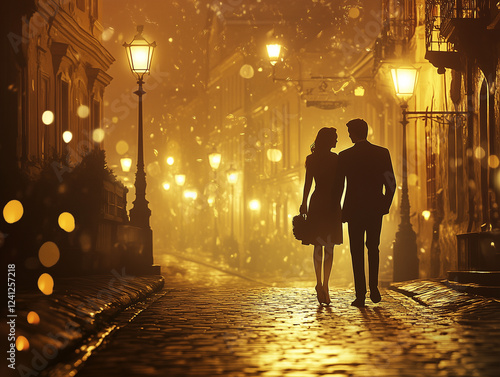 A romantic couple walks hand in hand through a historic city at night, illuminated by warm streetlights, creating an intimate and nostalgic atmosphere.
