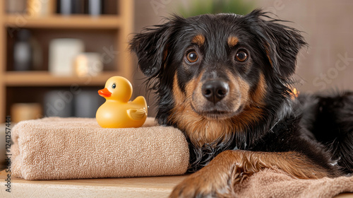 Wallpaper Mural happy dog enjoying bath with rubber duck and towels, surrounded by cozy atmosphere. pet looks relaxed and content, showcasing playful moment Torontodigital.ca