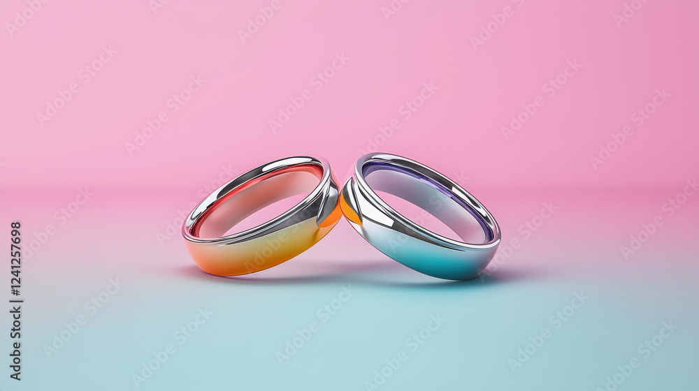 pair of wedding bands symbolizing love, featuring gradient design against pink and blue background. These rings represent commitment and unity pair of wedding bands symbolizing love, featuring gradient design against pink and blue background. These rings represent commitment and unity