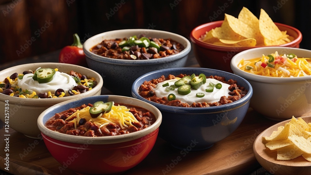 The chili bar offers personalized bowls of hot chili with toppings such as cheese, sour cream, jalapeños, and cornbread. The chili bar offers personalized bowls of hot chili with toppings such as cheese, sour cream, jalapeños, and cornbread.