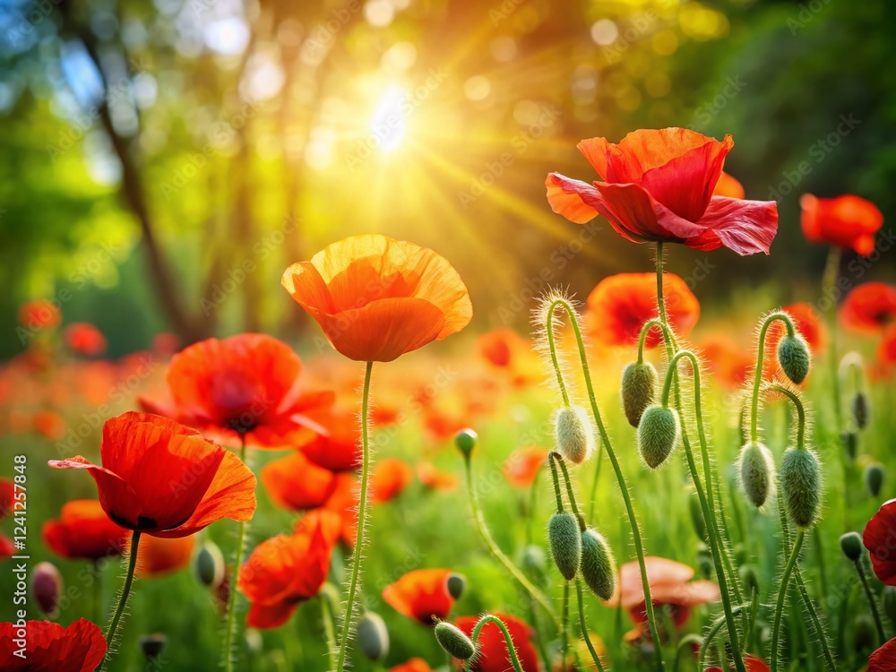Fototapeta premium Vibrant Red Poppies Blooming in Summer Garden - Copy Space