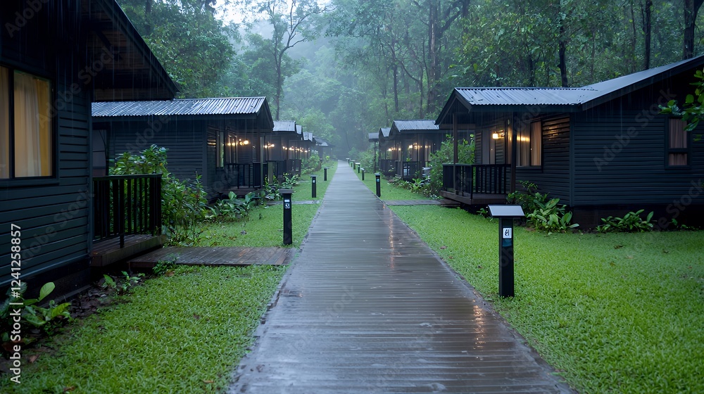 Rainy day, jungle resort walkway, cabins, misty forest Rainy day, jungle resort walkway, cabins, misty forest