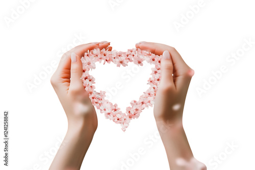 A pair of hands holding a heart-shaped frame filled with pink flowers against a white background.