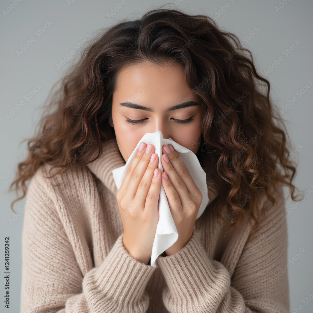 woman with curly hair is blowing her nose into tissue, showing signs of cold woman with curly hair is blowing her nose into tissue, showing signs of cold