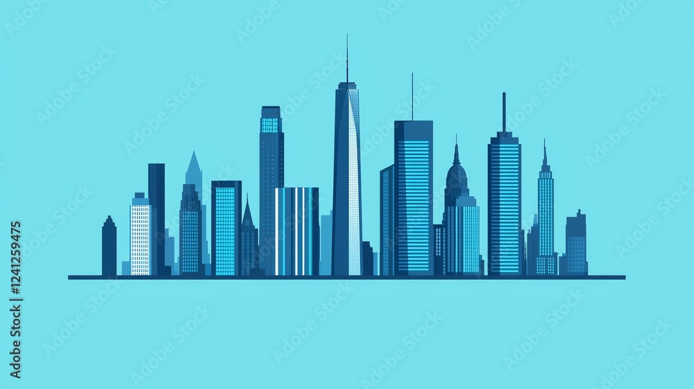 Fototapeta premium Stylized city skyline on a blue background.