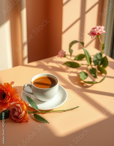 Warm cup of coffee placed on a peach-colored table with flowers and sunlight streaming through photo