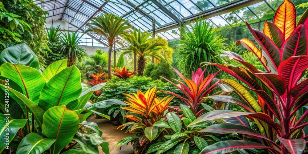 Fototapeta premium Exotic Lush Tropical Plant Surrounded by Vibrant Greenery in a Thriving Greenhouse Garden Ecosystem, plants