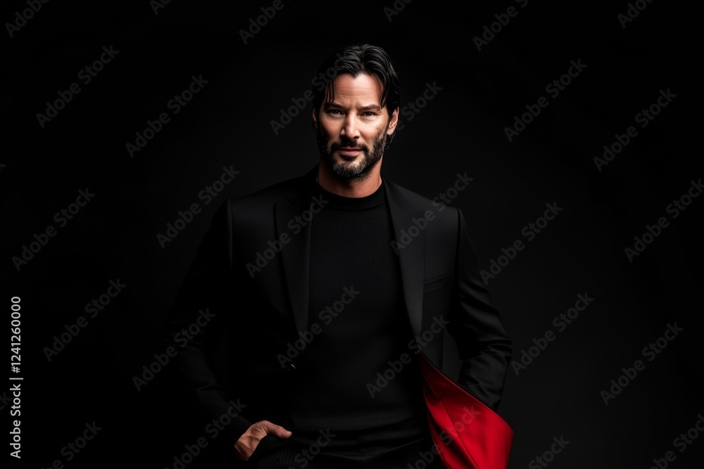 Stylish man in black suit with red details posed against a dark background for a sophisticated fashion Stylish man in black suit with red details posed against a dark background for a sophisticated fashion