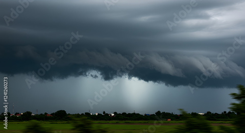 Dramatic monsoon sky with fast-moving dark clouds and a hint of rain falling in the distance