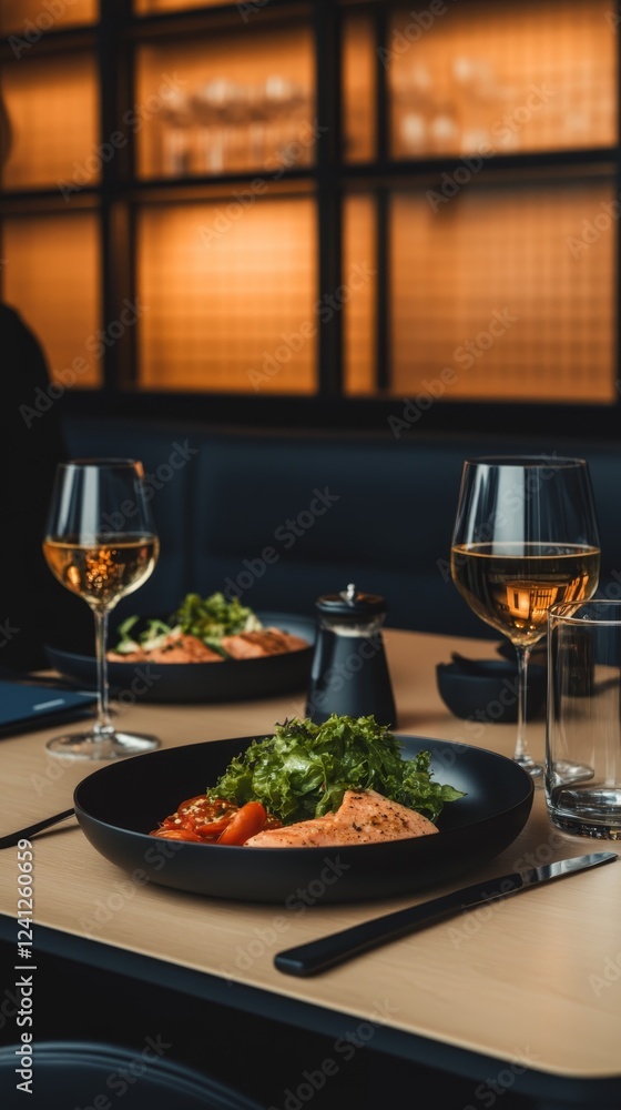 Elegant dining experience featuring gourmet dishes and fine wine in a modern restaurant setting during evening hours Elegant dining experience featuring gourmet dishes and fine wine in a modern restaurant setting during evening hours