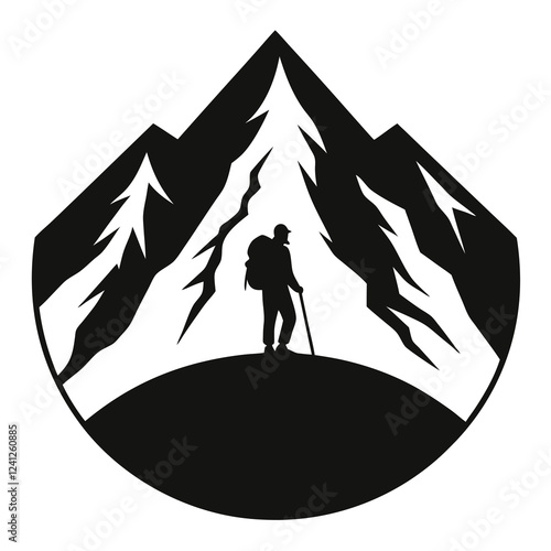 silhouette vector of mountain peak with a hiker 