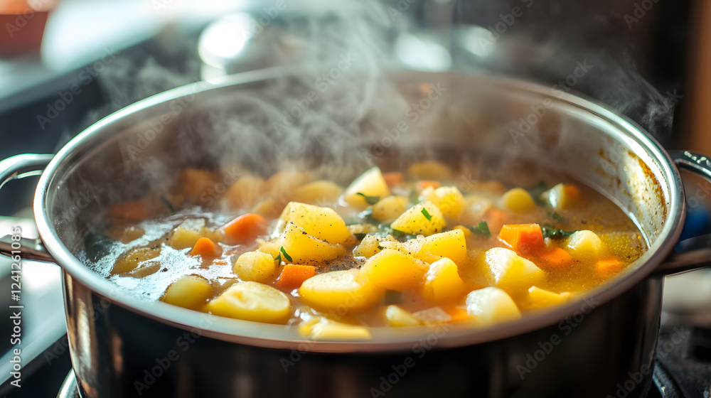 A steaming pot of potato soup with chunks of vegetables. A steaming pot of potato soup with chunks of vegetables.