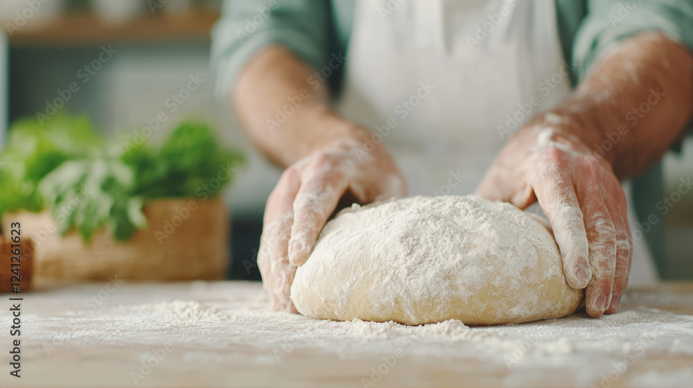 Fototapeta premium Hands of a young Caucasian man kneading dough in a rustic kitchen, showcasing artisanal bread making process