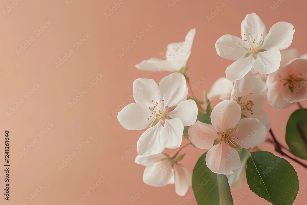Blossoming spring flowers on a soft pastel background in delicate peach and beige, perfect for banners, decor, or posters with text-friendly space for announcements or promotions Blossoming spring flowers on a soft pastel background in delicate peach and beige, perfect for banners, decor, or posters with text-friendly space for announcements or promotions