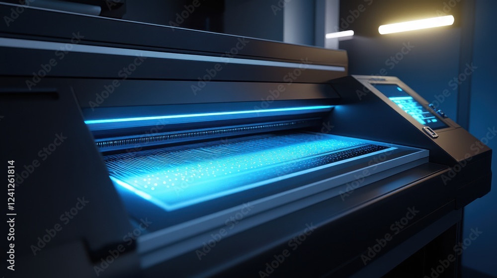 High-Tech Printer with Blue Lighting and Modern Design Features High-Tech Printer with Blue Lighting and Modern Design Features