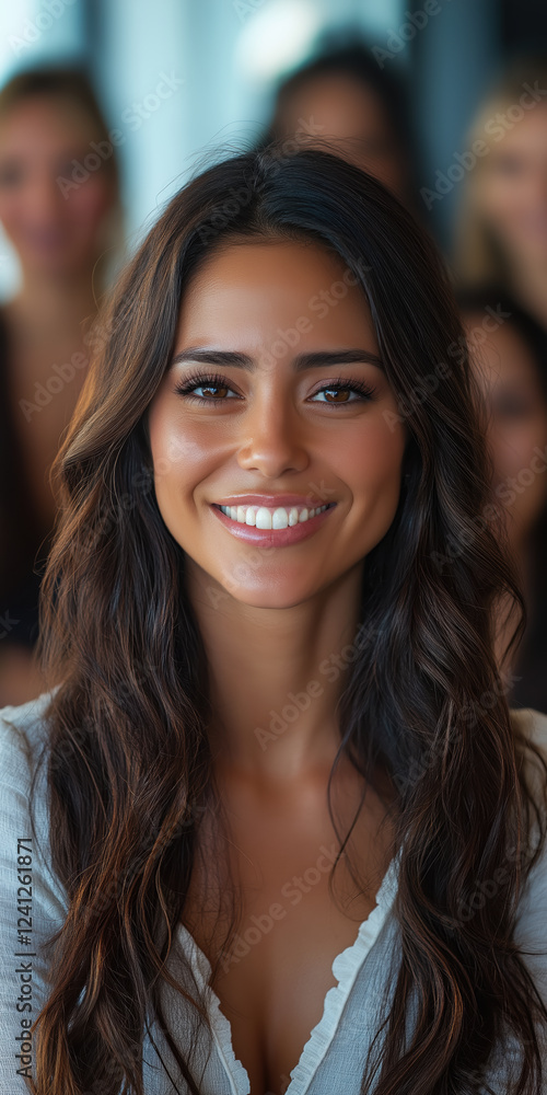 Smiling young Hispanic woman in group setting with blurred background Smiling young Hispanic woman in group setting with blurred background