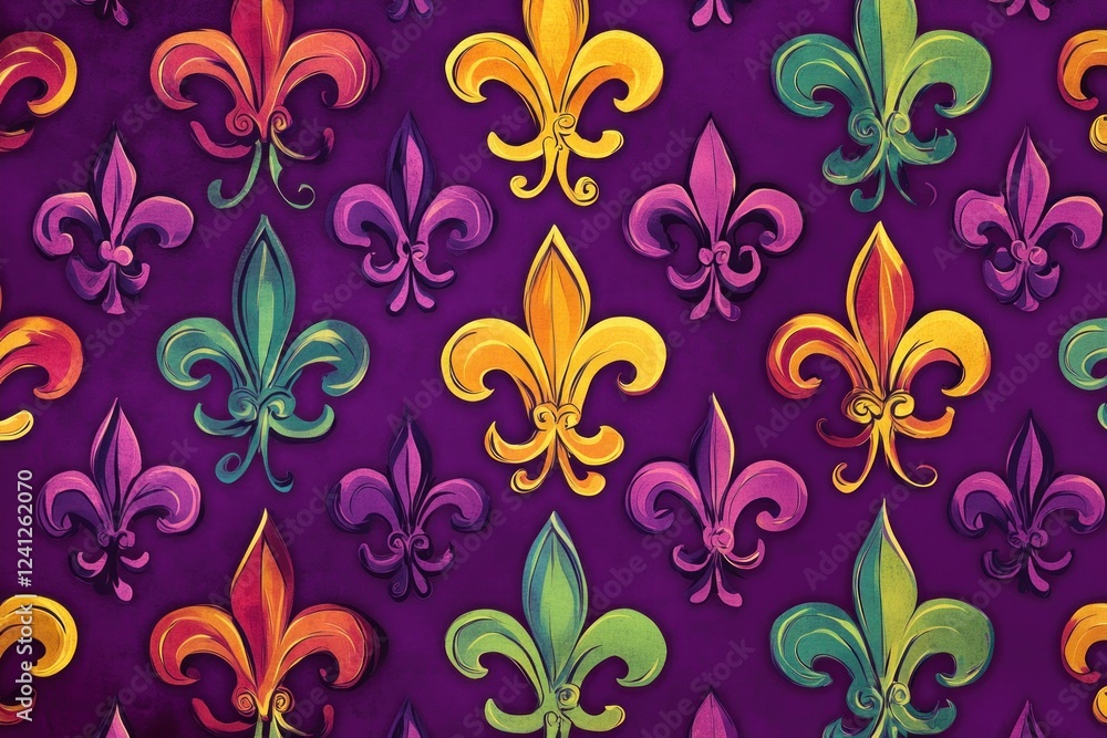 Colorful Fleur-de-lis Pattern on Purple Background Ideal for Celebration or Festive Design Colorful Fleur-de-lis Pattern on Purple Background Ideal for Celebration or Festive Design