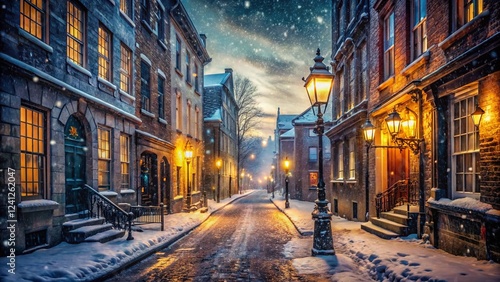 Vintage City Snowfall: Charming Street Scene in Winter