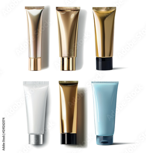 Six cosmetic tubes in various colors and finishes are arranged on a neutral backdrop, showcasing different designs and sizes for beauty enthusiasts to explore.
