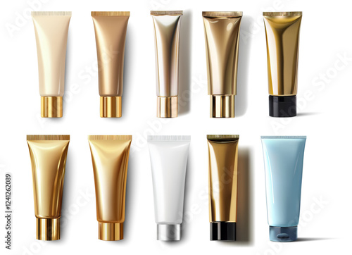 A collection of ten cosmetic cream tubes lies neatly in a row, featuring various finishes like matte and shiny surfaces, presenting a mix of neutral and vibrant colors under soft lighting.