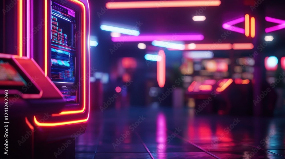Neon-lit arcade scene showcasing gaming machines with vibrant lights and a bustling atmosphere Neon-lit arcade scene showcasing gaming machines with vibrant lights and a bustling atmosphere