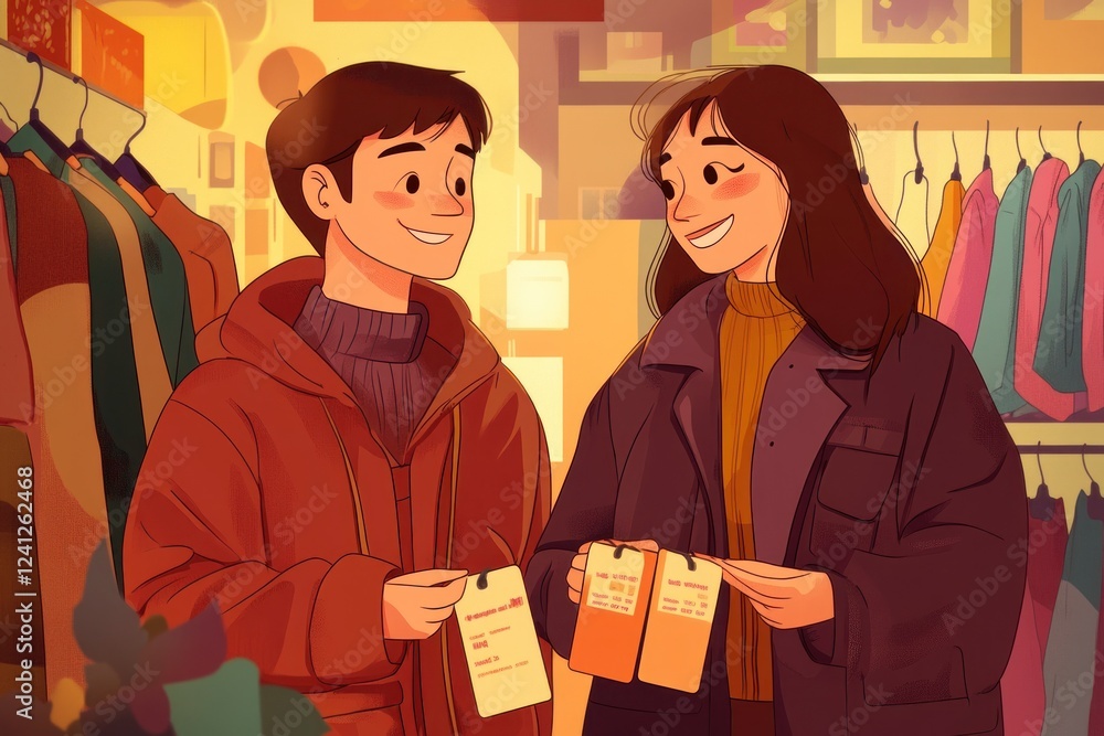 Happy couple shopping for clothes in a store. Happy couple shopping for clothes in a store.