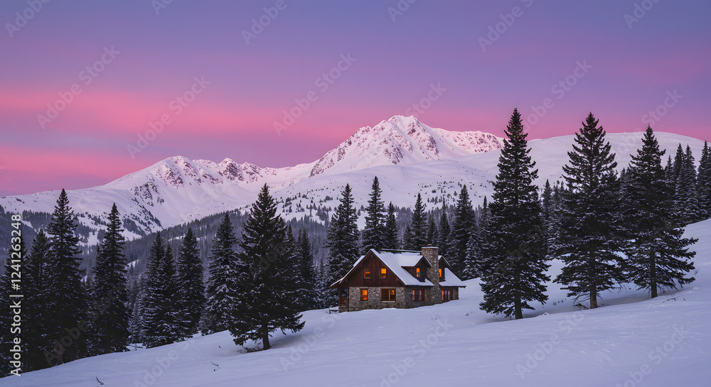 Fototapeta premium A remote mountain cabin nestled among towering pine trees, surrounded by snow-covered peaks under a pastel-colored sunset sky