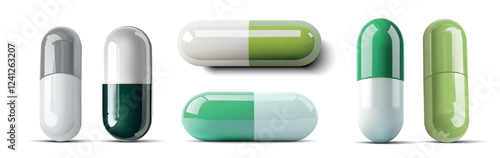 Several green and white capsules are arranged neatly on a bright surface. The capsules are displayed in various shapes and orientations, showcasing their distinct designs.