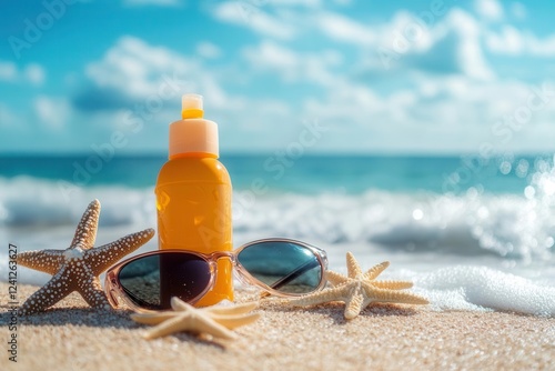 sunscreen bottle resting on a sun-kissed beach, paired with stylish sunglasses and starfish, inviting relaxation and leisure in a vibrant summer setting with gentle waves