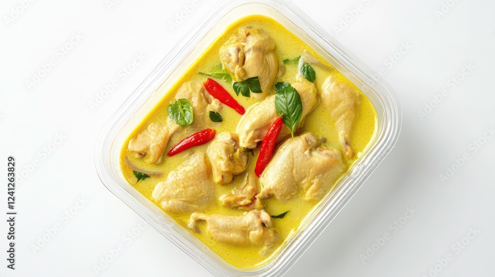 Opor ayam traditional chicken dish in coconut milk served in clear container with ketupats isolated on white background Opor ayam traditional chicken dish in coconut milk served in clear container with ketupats isolated on white background