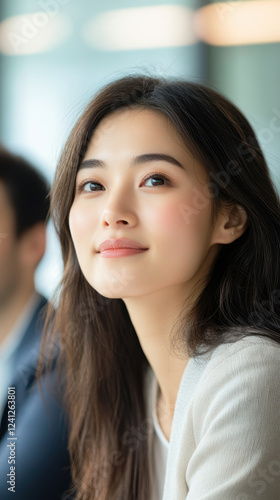 Wallpaper Mural Asian young woman with long hair smiling softly in a bright modern setting, portrait concept Torontodigital.ca