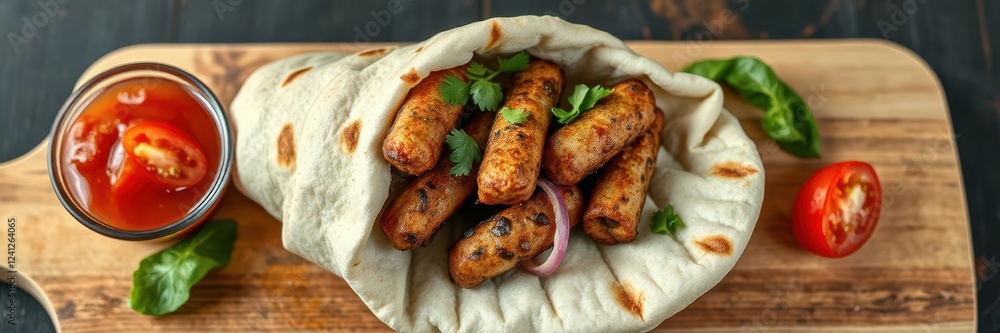 Delicious skewered kebabs wrapped in flatbread served with fresh herbs and sauce on a wooden board Delicious skewered kebabs wrapped in flatbread served with fresh herbs and sauce on a wooden board