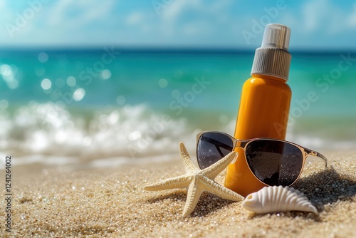 sunscreen bottle resting on a sun-kissed beach, paired with stylish sunglasses and starfish, inviting relaxation and leisure in a vibrant summer setting with gentle waves