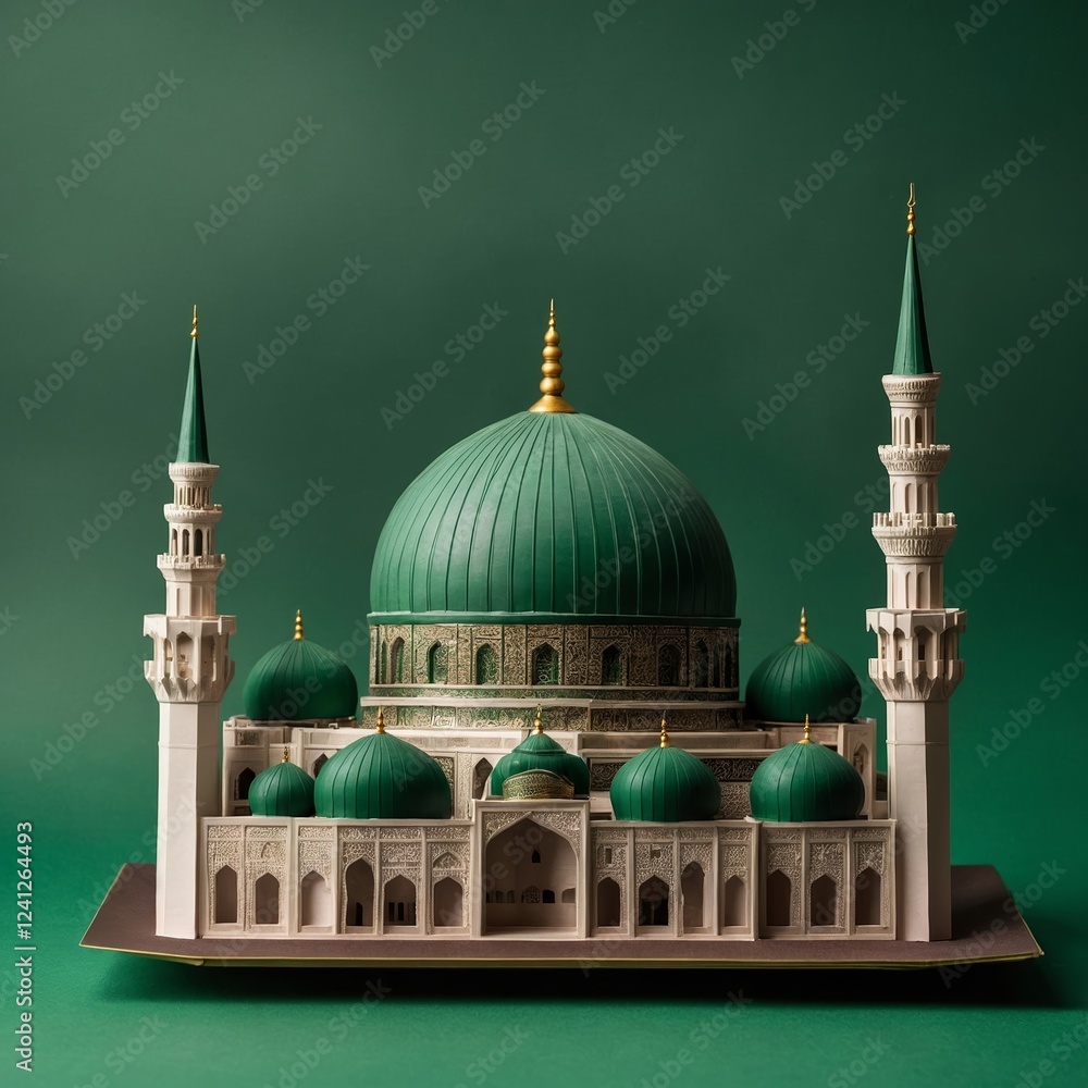 Fototapeta premium Intricate model of a historic mosque with green domes displayed on a plain background