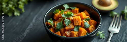 Freshly prepared roasted sweet potato cubes with cilantro and avocado on a dark kitchen table photo