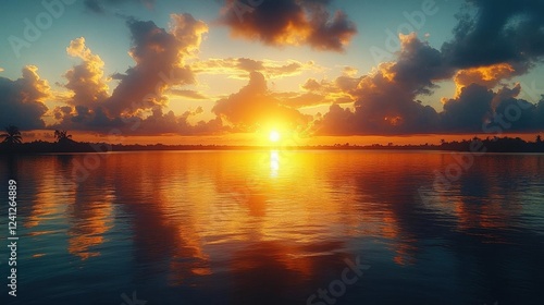 Vibrant Sunset Over Calm Ocean Water photo