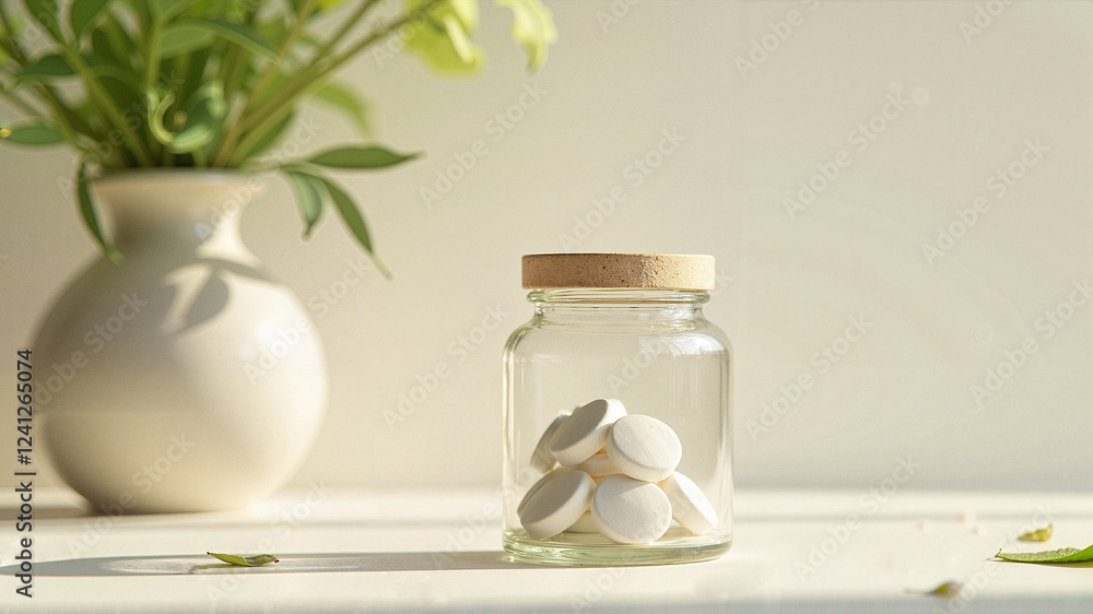 Empty glass jar with pills on light background for medical and pharmaceutical websites Empty glass jar with pills on light background for medical and pharmaceutical websites