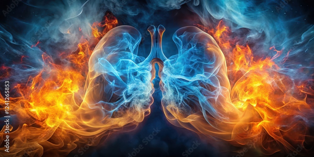 Fototapeta premium Fiery lungs surrounded by swirling blue and orange flames with thick smoke clouds , abstract, fire, abstract, fire, energy, warm