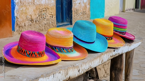 Vibrant and colorful handcrafted straw hats with intricate woven patterns displayed on a rustic wooden table against a textured adobe wall in a traditional market setting. - AI Generated Digital Art photo