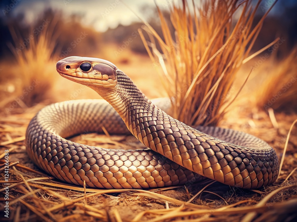 Fototapeta premium Vintage Photo of Eastern Brown Snake Pseudonaja textilis in Australian Bush