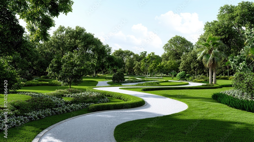 Winding path in lush green park, sunny day, landscaping design, website banner Winding path in lush green park, sunny day, landscaping design, website banner