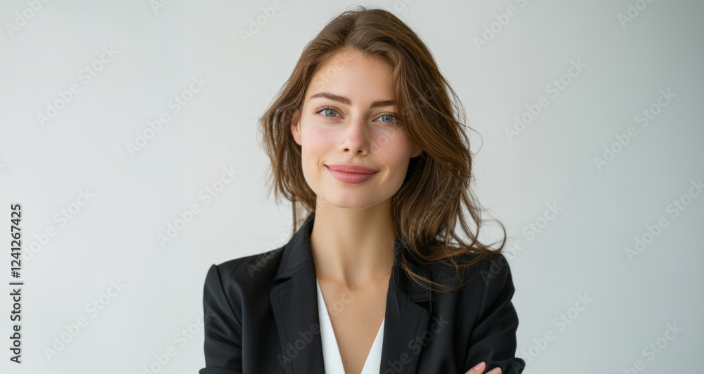 Her black attire, set against a white background, showcases a respectful and poised style ideal for formal settings. Her black attire, set against a white background, showcases a respectful and poised style ideal for formal settings.