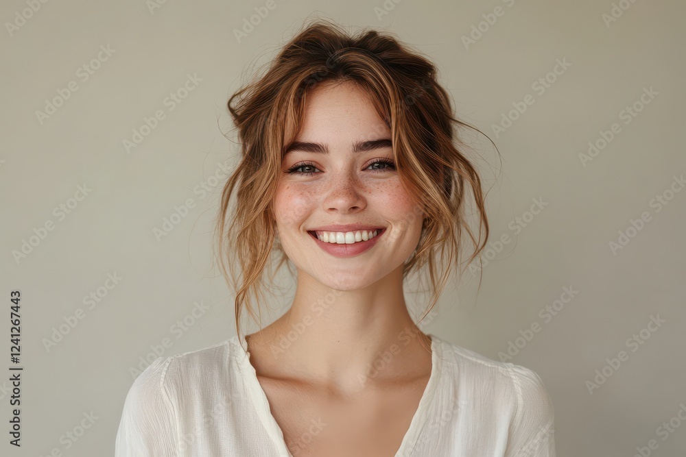 Woman in 20s to 30s pose in casual white attire with understated white gray backgrounds, exuding tranquility and elegance through simplicity. Woman in 20s to 30s pose in casual white attire with understated white gray backgrounds, exuding tranquility and elegance through simplicity.