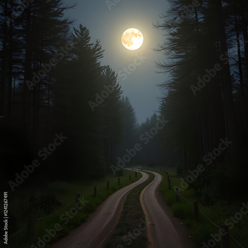 A moonlit path in a forest, leading to nowhere, aimlessness, lost in life s journey photo