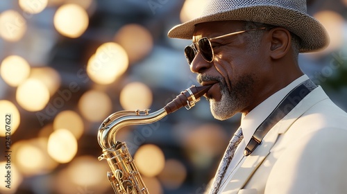 Jazz Musician Playing Outdoor Concert 8K Realistic Lighting photo