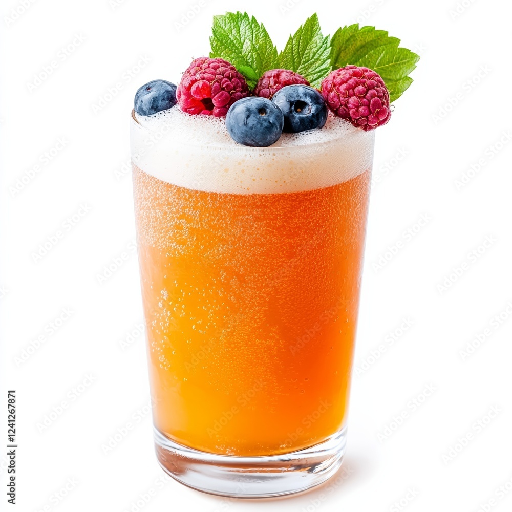 Berliner Weisse beer cocktail with cloudy wheat beer and a splash of raspberry syrup garnished with fresh berries isolated on white background tangy German classic Berliner Weisse beer cocktail with cloudy wheat beer and a splash of raspberry syrup garnished with fresh berries isolated on white background tangy German classic