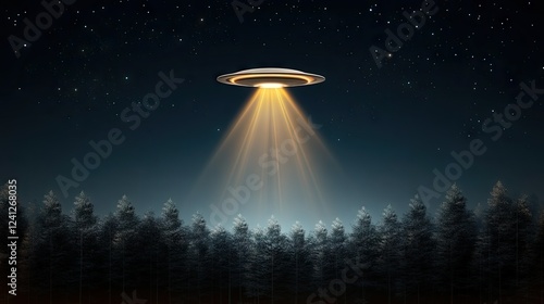 Fototapeta Naklejka Na Ścianę i Meble -  Mysterious spaceship hovers over a dense forest at night, casting a bright beam of light in a serene, starry sky