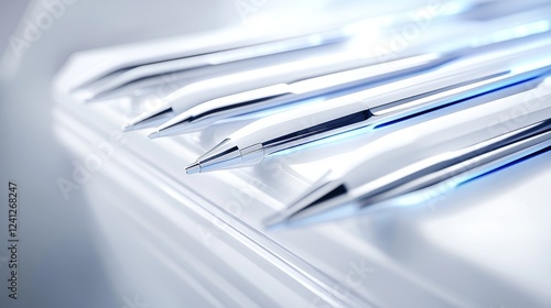 Close-up of sleek, modern pens arranged in a row, showcasing their shiny tips and futuristic design photo