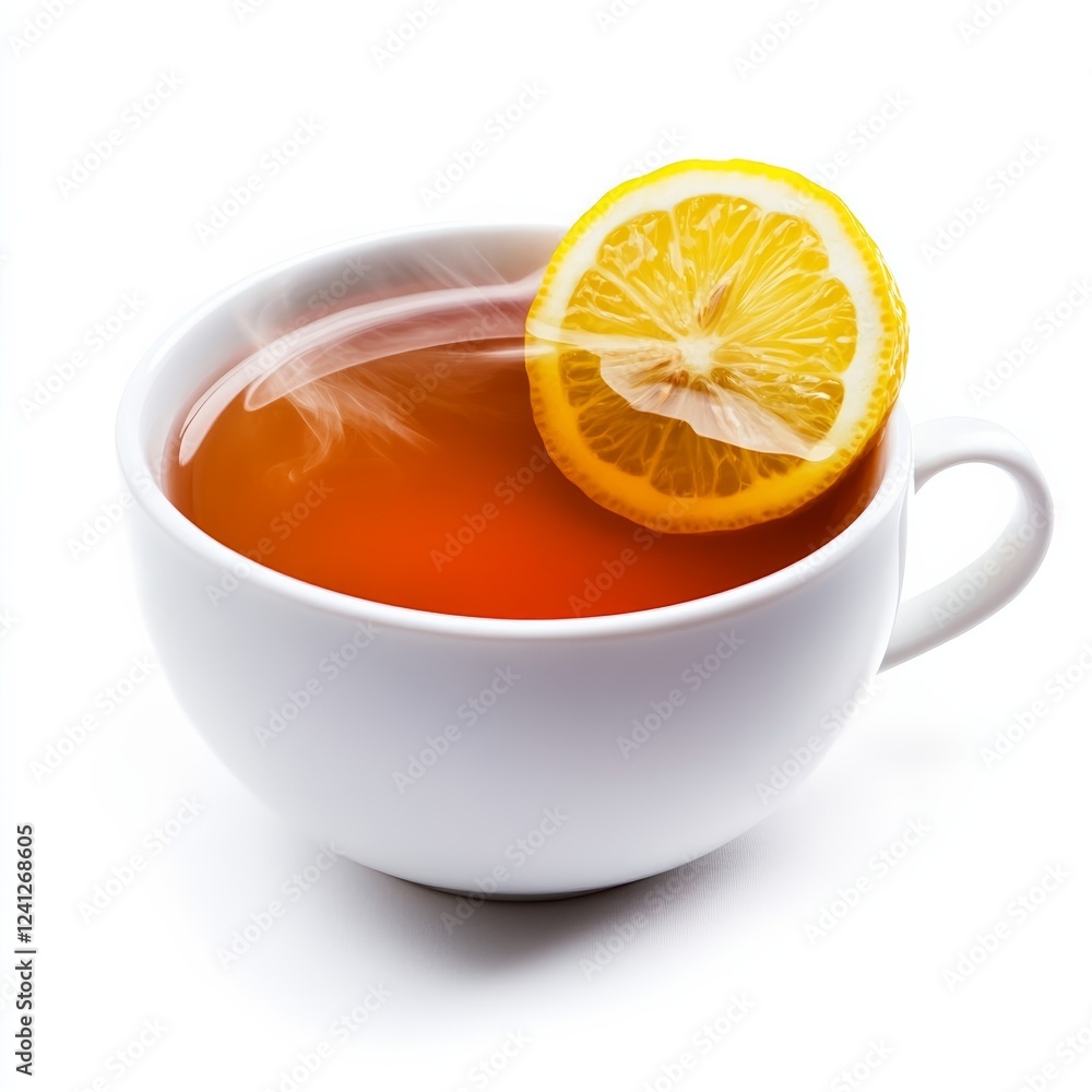 Cup of herbal tea with steam rising and a lemon slice on the rim isolated on white background calming wellness ritual Cup of herbal tea with steam rising and a lemon slice on the rim isolated on white background calming wellness ritual