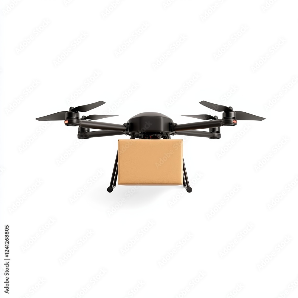 Delivery drone in mid flight carrying a food container with thermal insulation isolated on white background urban logistics Delivery drone in mid flight carrying a food container with thermal insulation isolated on white background urban logistics